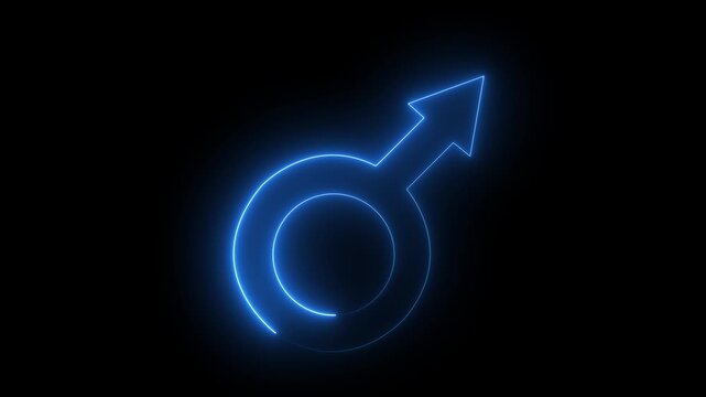 Neon male logo icon symbol on black background. Animated male gender symbol icon. male sign of gender equality icon.4k video.