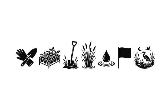 Set of black and white icons representing nature conservation and gardening activities.
