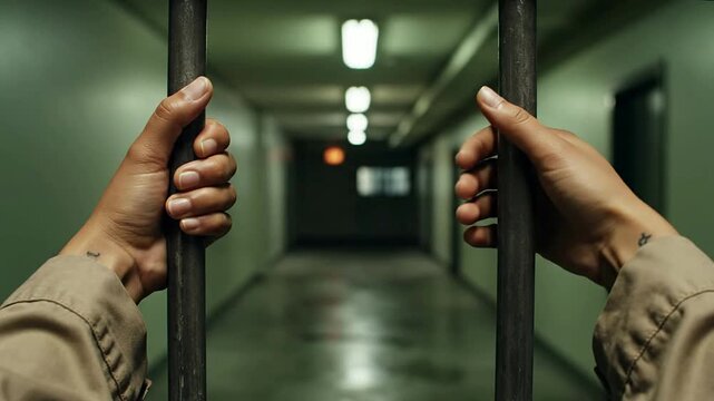 Close Up of Hands Gripping Prison Bars in a Dimly Lit Corridor Symbolizing Confinement and Justice Themes