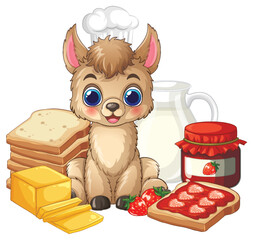 Fototapeta premium Cute Cartoon Llama Chef with Breakfast Bread Jam and Milk