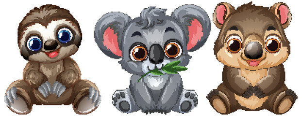 Fototapeta premium Cute Cartoon Baby Sloth Koala and Wombat Vector Illustration Set