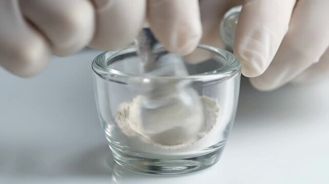 Close-Up Of Hands In Latex Gloves Mixing Fine Powder In Glass Container In A Laboratory Or Pharmaceutical Setting