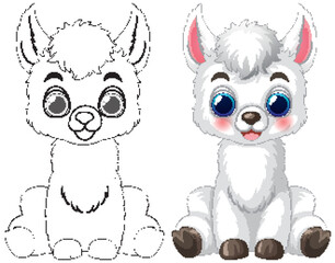 Fototapeta premium Cute Baby Llama Vector Illustration with Line Art Coloring Page