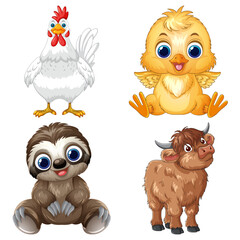 Fototapeta premium Cute Cartoon Baby Animals Set with Chicken Chick Sloth and Bull