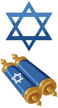 Blue Star of David and Torah Scroll Vector Illustration Set