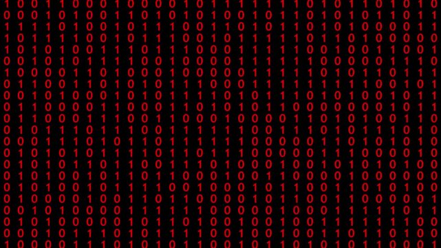 Red binary code on black background, digital abstract background Motion Graphics of 4k Animation Video..