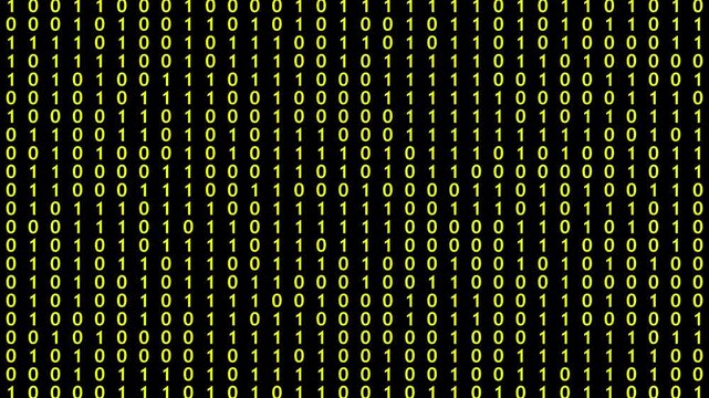 Yellow binary code on black background, digital abstract background Motion Graphics of 4k Animation Video..