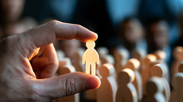 Hand Holding Glowing Wooden Figure Standing Out from Crowd of People