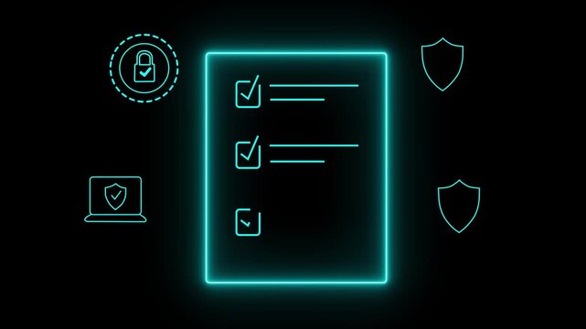 A digital checklist displayed on a glass-like panel, surrounded by security icons symbolizing data protection, privacy, and online safety. Glowing neon background,....
