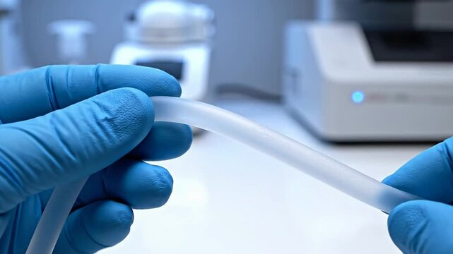 Close-Up of Scientist's Hands in Blue Gloves Handling Flexible Tube in Laboratory Research Environment
