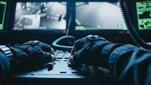 Close-Up Of Security Operator's Gloved Hands Controlling Surveillance System In High-Tech Control Room With Monitors Displaying Critical Scenes