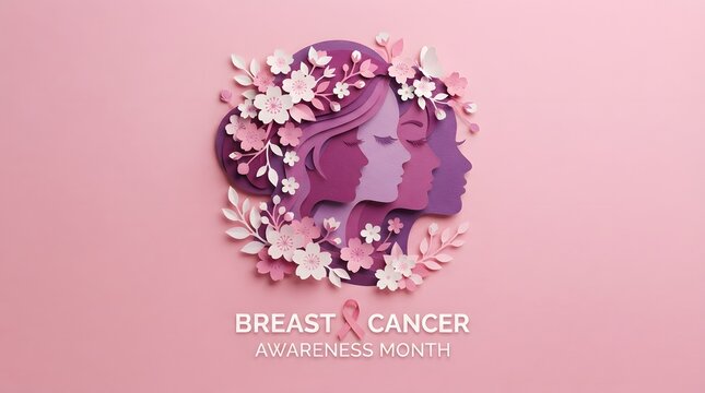 Breast cancer awareness month paper art of women's faces with pink ribbon floral design