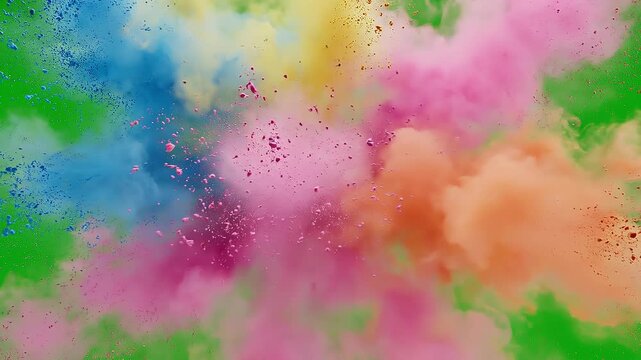 Explosion of vibrant colours powder on green screen concept. Colorful powder explosion with vibrant pink blue yellow and orange clouds on green background for celebration and creativity