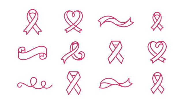 Breast cancer awareness month pink ribbon symbols and icons