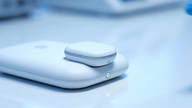 Close-Up View of A Gloved Hand Placing A Wireless Charging Case On A Modern White Device in A Clean Clinical Environment