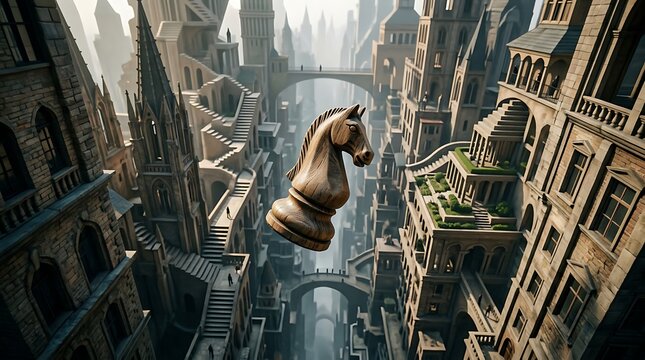 Giant wooden chess knight floating in a surreal stone city