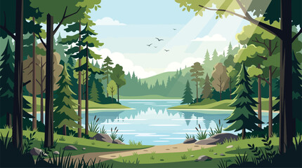 Idyllic Forest Lake Landscape with Sunbeams and Serene Water Reflections, Perfect for Nature and Travel Themes © mest selda blessun