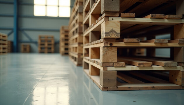 Stacked wooden pallets in warehouse interior for logistics background and storage layout composition