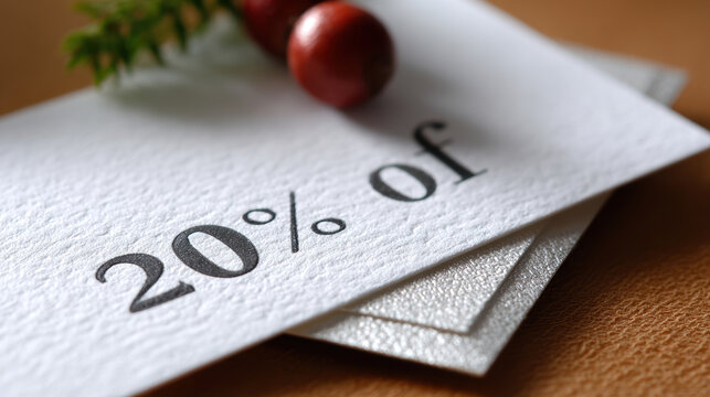 Discount card showing bold 20 percent off text on textured paper layered over glitter card with blurred festive berries and foliage in shallow depth close up retail promotion concept