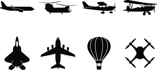 Aviation and Aircraft Silhouette Icon Set Featuring Passenger Planes Helicopter Fighter Jet Biplane Drone and Hot Air Balloon © jamal