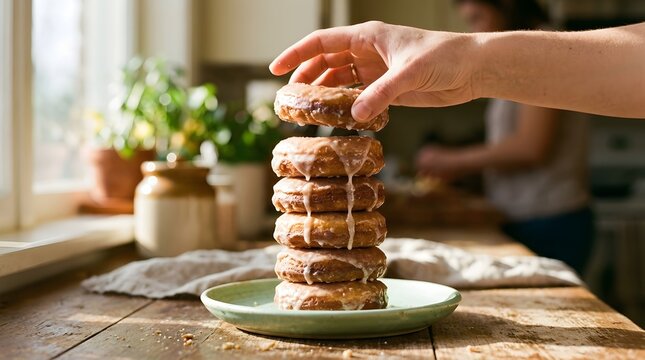 Hand reaching for glazed donut from a tall stack on kitchen counter