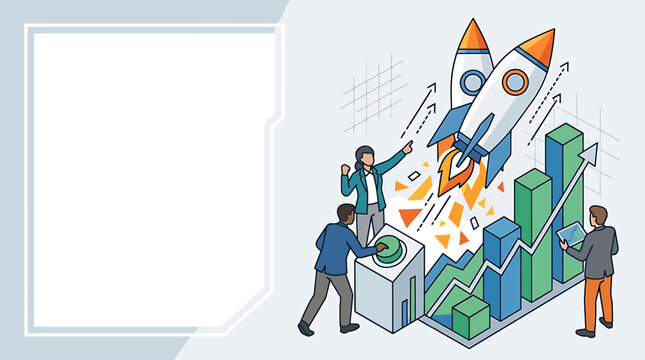 Business team launching a rocket with a growth chart and copy space.