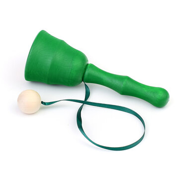 A green wooden bilboke or kendama toy on a white background.