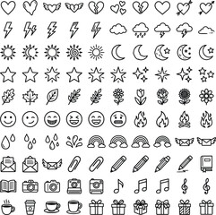Fototapeta premium Minimalist black and white line icon set featuring weather emojis hearts stars leaves and stationary elements for graphic design