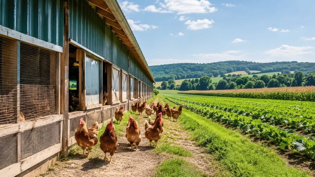 Free-Range Chickens at Farm flock of free-range chickens emerges from their coop, heading towards a lush green field beside a cultivated farm.