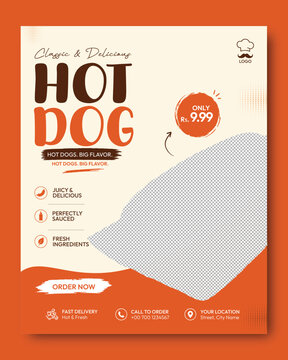 Hot Dog Restaurant Promotional Poster Template with Modern Fast Food Menu Flyer Design for Cafe Takeaway Advertising and Social Media Marketing Vector