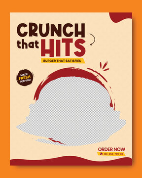 Fast Food Burger Restaurant Promotional Poster Template with Modern Social Media Banner Design for Cafe Menu Advertising, Takeaway Food Marketing Flyer Vector Layout