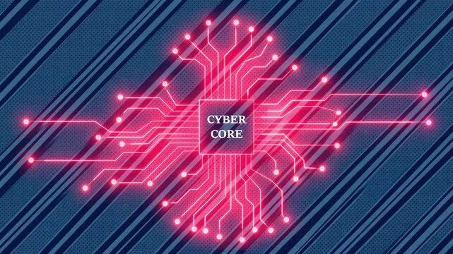 Neon glowing circuit board animation with digital processor chip processing cyber core data streams.