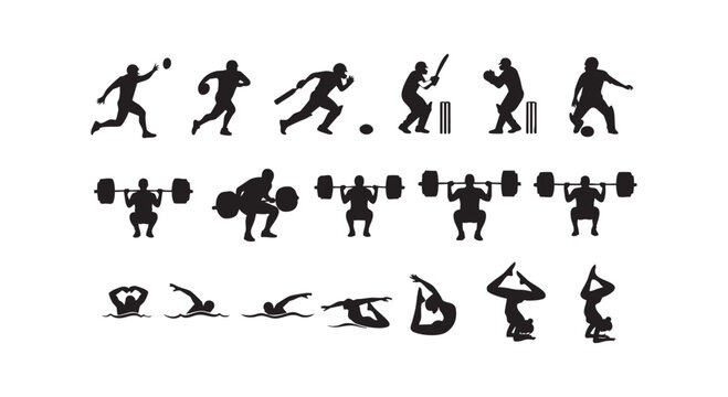 Set of various sport silhouettes including weightlifter, swimmer, rugby player, cricketer, yogi and football player.
