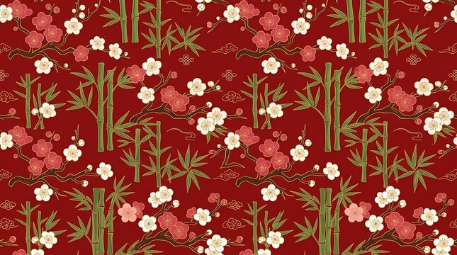 Red oriental pattern with bamboo and cherry blossom flowers