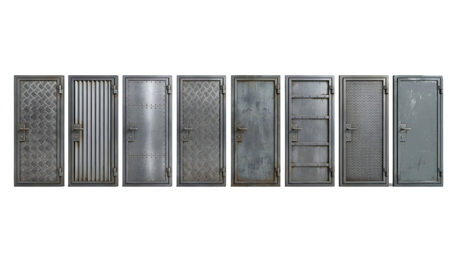 Industrial metal doors set, collection of 8 heavy steel vault doors, weathered iron security entrance gates for bunker or factory design