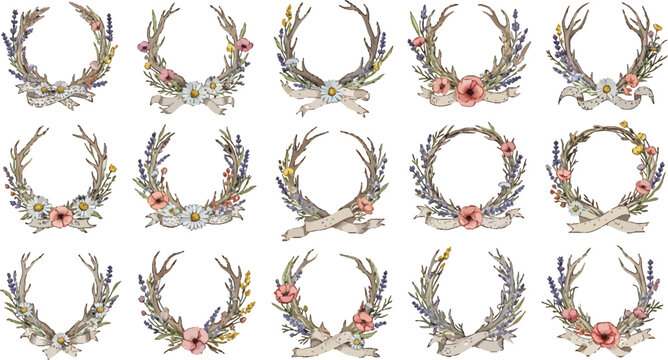 Set of rustic floral wreaths with deer antlers and ribbons for wedding invitations and decorative design elements