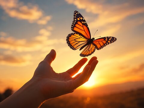 Gentle human hand releasing a vibrant monarch butterfly at golden hour sunset over serene landscape