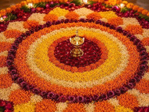 Vibrant traditional Indian rangoli design with oil lamp at the center, colorful flower petals, festive Diwali decoration