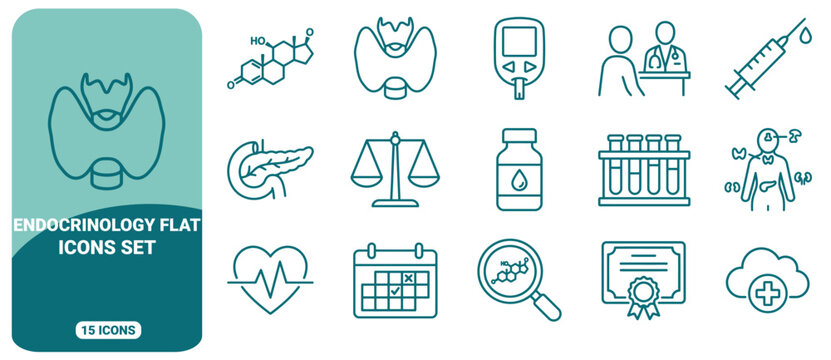 Endocrinology icon set featuring thyroid, pancreas, glucose meter, syringe, hormone molecule, lab test tubes, medical consultation, and health symbols