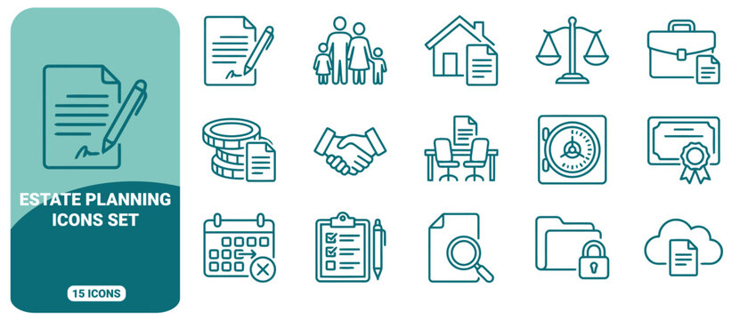 Estate planning icon set featuring line symbols of legal documents, family, real estate, financial assets, handshake, and secure storage