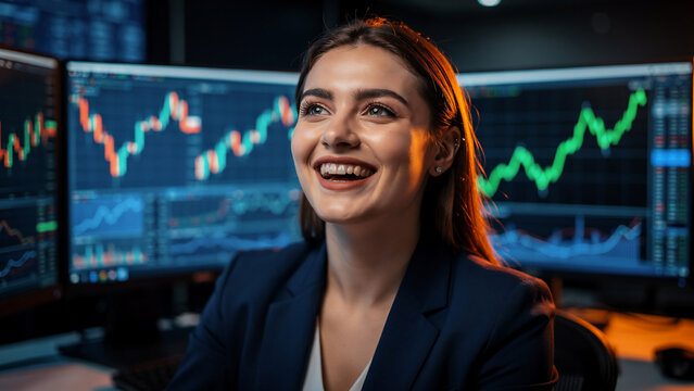 Smiling businesswoman in front of multiple computer screens displaying stock market charts and graphs, suitable for financial news, trading platforms and business analytics