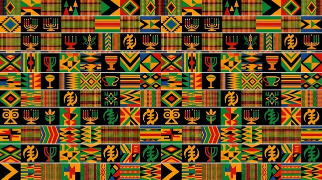 Colorful kwanzaa kente pattern with traditional symbols and shapes