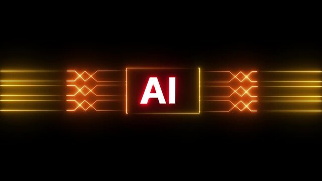 Networking chip icon futuristic neon circuit board AI animated. on black background. Motion graphic of 4K Animation.
