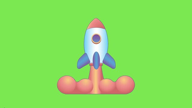 Colorful Cartoon Rocket Ship Blasting Off into Space Vector Illustration on Green Backdrop