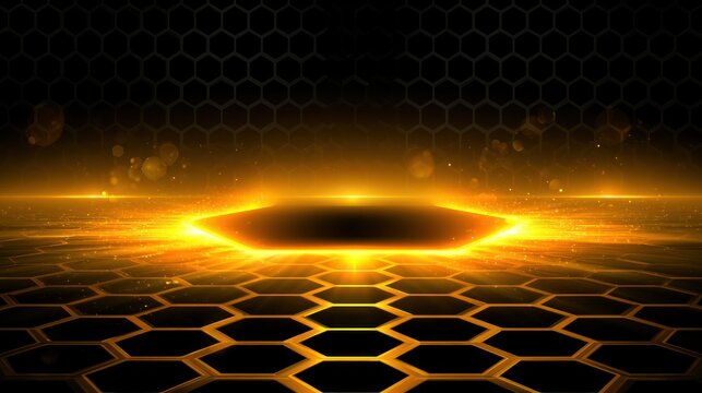 Abstract glowing hexagon platform on honeycomb floor