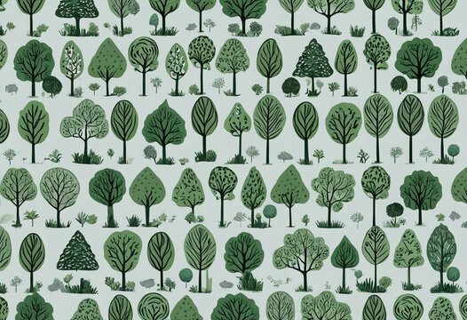 Seamless pattern of various stylized green trees on a light background, nature illustration