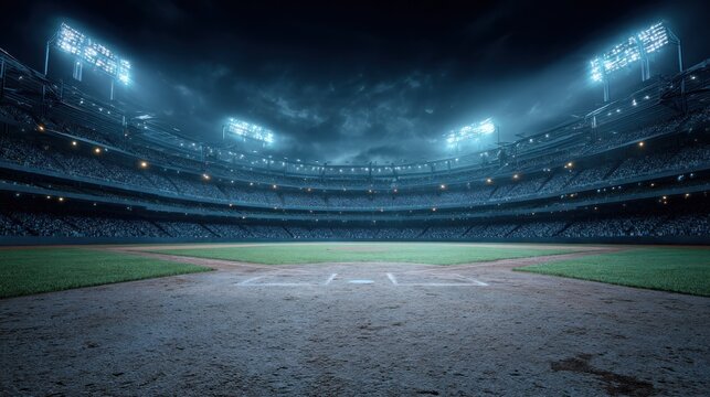 Illuminated baseball stadium at night with spectators