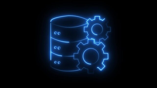 Neon Database server with gear icon animation. neon data settings icon animation. data processing and management icon.4k Video