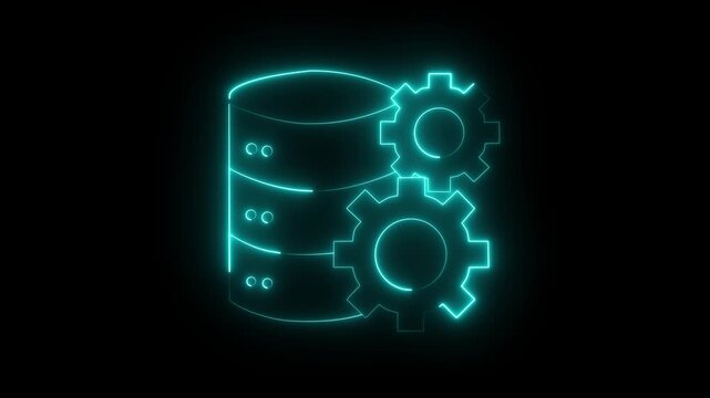 Neon Database server with gear icon animation. neon data settings icon animation. data processing and management icon.4k Video