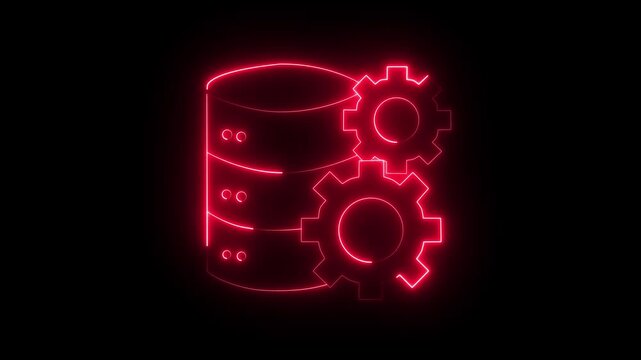 Neon Database server with gear icon animation. neon data settings icon animation. data processing and management icon.4k Video
